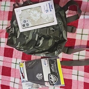PINK CAMO BACKPACK, 2 CAR WINDOW DECALS AND A 12 PRO MAX PHONE CASE